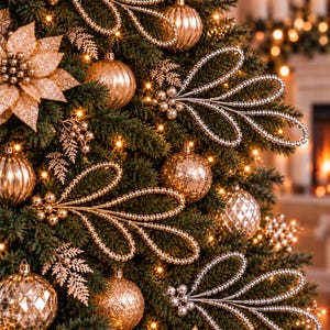 May include: A decorated Christmas tree featuring gold and champagne-colored ornaments, including spherical baubles with smooth, ribbed, and textured surfaces, alongside metallic leaf sprays and large poinsettia flowers illuminated by warm lights.