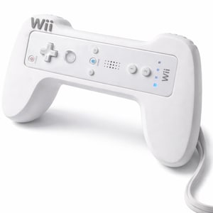 May include: A white Wii remote controller featuring a directional pad, power button, A button, home button, plus and minus buttons, speaker holes, and numbered 1 and 2 buttons. The device includes a white wrist strap attached to the bottom right side.