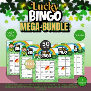 Può includere: Un pacchetto di download digitale di carte Bingo Lucky a tema San Patrizio. Le carte presentano folletti, arcobaleni, pentole d'oro e trifogli. Il pacchetto include 50 carte, con le edizioni Classic e Lady Luck.
