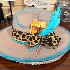 Black Wide-Brim Felt Hat with Teal Ribbon and Leopard Accents Wide Brim Sky Blue Vegan Felt Fedora Hat With Black and  main image 3