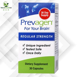 K&ouml;nnte beinhalten: Eine wei&szlig;-blaue Schachtel mit Prevagen-Nahrungserg&auml;nzungsmittel. Die Schachtel tr&auml;gt den Text "Prevagen For Your Brain" und "Regular Strength". Sie hebt auch eine einzigartige Zutat, gepr&uuml;fte Sicherheit und die t&auml;gliche Anwendung hervor. Die Schachtel enth&auml;lt 30 Kapseln.