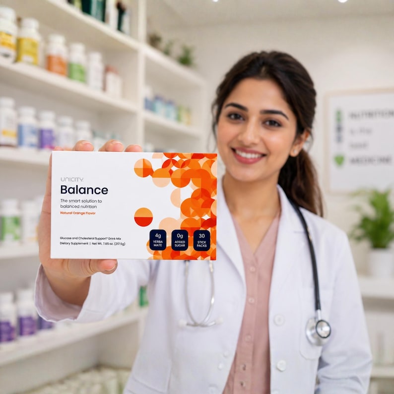 May include: A rectangular box of Unicity Balance dietary supplement drink mix with a white background and orange circular graphic patterns. The text reads Balance, The smart solution to balanced nutrition, Natural Orange Flavor, 4g Yerba Mate, 0g Added Sugar, 30 Stick Packs, and Net Wt. 7.65 oz (217.5g).