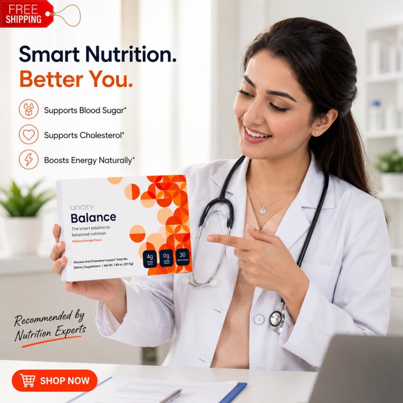 May include: A white rectangular box of Unicity Balance dietary supplement drink mix with orange and red circular patterns. The text reads Balance, The smart solution to balanced nutrition, Natural Orange Flavor, 4g Fiber, 0g Sugar, 30 Stick Packs, and Net Wt. 7.65 oz. (217.5g).
