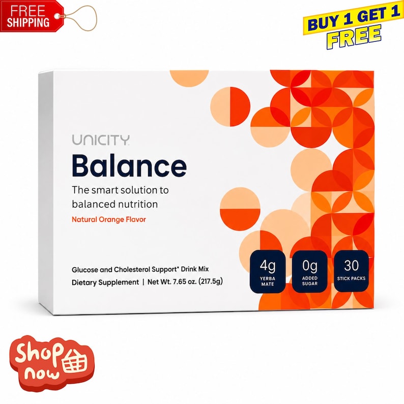 May include: A rectangular box of Unicity Balance dietary supplement drink mix. The white packaging features orange and red circular patterns, text reading "The smart solution to balanced nutrition," "Natural Orange Flavor," and "Net Wt. 7.65 oz."