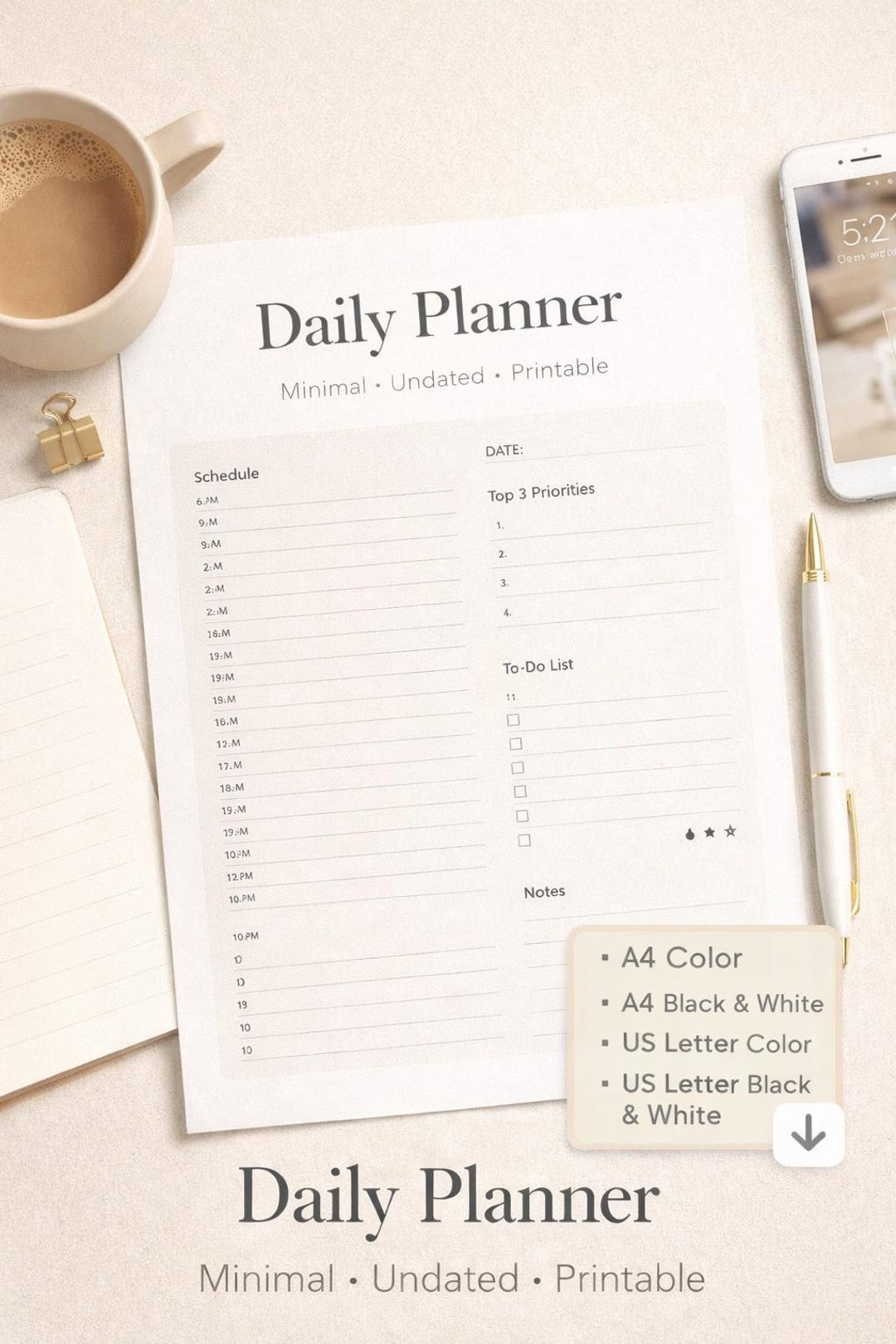 Minimalist Daily Planner Printable: Undated, A4 & US Letter (instant ...
