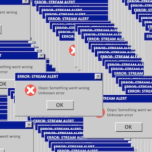 Op de afbeelding: Een digitaal kunstwerk met een herhalend patroon van retro computerfoutmeldingsvensters. Elk venster toont de tekst "ERROR: STREAM ALERT" en "Oops! Something went wrong Unknown error" met een "OK"-knop.