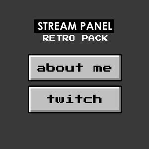May include: A digital graphic set titled STREAM PANEL RETRO PACK featuring two rectangular light gray buttons with black pixelated text. The top button displays the words about me and the bottom button displays the word twitch in a retro font.
