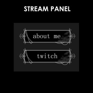 Puede incluir: Dos paneles de transmisión rectangulares con fondos negros y texto blanco que dice about me y twitch. Cada panel presenta un borde decorativo blanco con líneas intrincadas, adornos en espiral y detalles de cadenas finas en los lados.