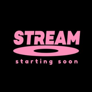 May include: Pink text on a black background that reads "STREAM" above a pink oval with a hole in the middle. Below the oval, the text reads "starting soon".