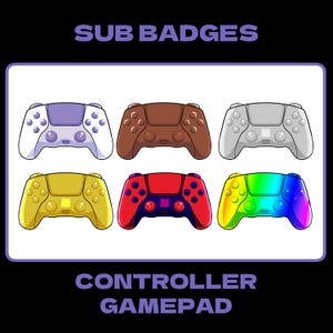May include: Six colorful game controller designs. The controllers are in various colors, including purple, brown, gray, gold, red, and rainbow. The text "SUB BADGES" and "CONTROLLER GAMEPAD" are displayed above and below the controllers.