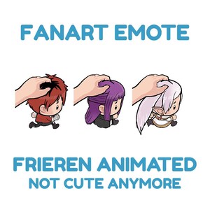 Puede incluir: Un emote de fanart animado con tres personajes chibi con cabello rojo, morado y blanco. Cada personaje es acariciado en la cabeza por una mano. El texto "FANART EMOTE" y "FRIEREN ANIMATED NOT CUTE ANYMORE" se muestra en azul.