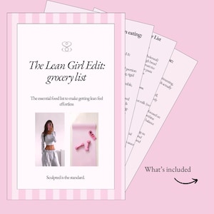Puede incluir: Una lista de compras rosa y blanca titulada "The Lean Girl Edit: grocery list". La lista incluye una foto de una persona, una esterilla de yoga y pesas. También se incluye el texto "Sculpted is the standard".
