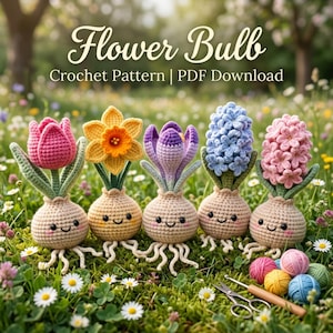 Peut inclure: Cinq bulbes de fleurs crochetées aux couleurs rose, jaune, violet, bleu et rose, chacun avec un visage souriant et des racines bouclées. L'image comprend le texte "Flower Bulb Crochet Pattern | PDF Download".