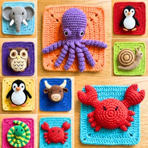 Puede incluir: Colección de coloridos cuadrados de ganchillo con varios diseños de animales. Incluye un elefante, un pulpo, un pingüino, un búho, un caracol, un toro, un cangrejo y una serpiente. Cada animal está hecho con hilo.