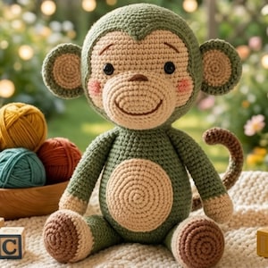 Op de afbeelding: Een handgemaakte gehaakte aap in groen, beige en bruin. De aap heeft een lachend gezicht met roze wangen, zwarte ogen en een gekrulde staart. De pop zit op een crèmekleurige deken, met wol en houten blokken op de achtergrond.