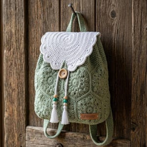 Puede incluir: Una mochila de ganchillo hecha a mano en tonos verdes y blancos, colgada de una puerta de madera. La bolsa presenta una solapa blanca festoneada y un cierre de botón de madera. Borlas y cuentas decorativas cuelgan del cierre. La bolsa tiene un patrón floral.