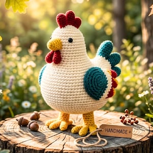 May include: A handmade crochet chicken with a cream-colored body, red comb and wattle, yellow beak and feet, and teal and red accents. The chicken is standing on a wooden stump with acorns and a tag that says "HANDMADE".