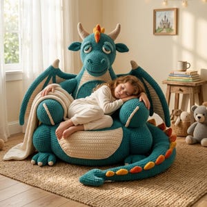 Könnte beinhalten: Ein großer, tealfarbener gehäkelter Drachenstuhl mit cremefarbenem Bauch und Flügeln. Ein Kind schläft auf dem Körper des Drachen, bedeckt mit einer cremefarbenen Decke. Der Drache hat Hörner und einen langen Schwanz mit orangefarbenen und gelben Akzenten.