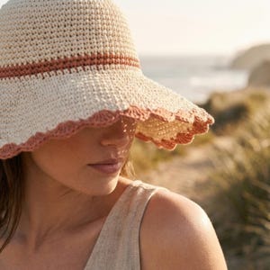Crochet Sun Hat Pattern PDF, Scalloped Wide Brim Beach Hat, Boho Coastal Sizes S–XL,  Digital Download