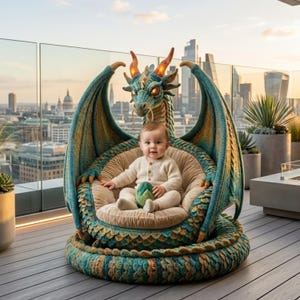 Puede incluir: Un sillón de peluche con forma de dragón, con escamas texturizadas en tonos verde azulado y dorado, alas grandes y una cabeza de dragón con ojos naranjas brillantes. Un bebé está sentado en el asiento circular beige, sosteniendo un huevo verde.