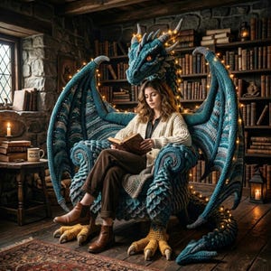 May include: A large, teal, crocheted dragon-shaped armchair featuring textured scales, expansive wings, and yellow clawed feet. The dragon chair is adorned with thin, glowing string lights and is positioned in a room filled with bookshelves.