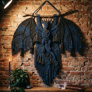 Peut inclure: Une tenture murale représentant un dragon en macramé avec de grandes ailes déployées dans des tons bleu foncé et gris anthracite. Le dragon est suspendu à une branche de bois naturel et orné de nombreuses franges et petites perles.