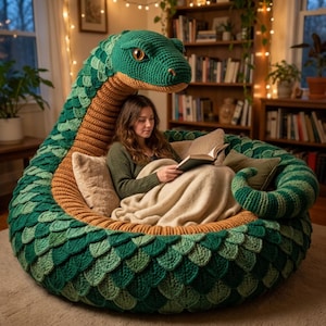 May include: A large, circular crochet floor chair shaped like a coiled snake. The exterior features overlapping green scales, while the interior is lined with a textured tan ribbed pattern. The snake head rises high, featuring large, amber-coloured eyes.