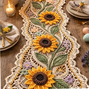 Könnte beinhalten: Gehäkelter Tischläufer mit Sonnenblumenmuster. Der Läufer hat eine cremefarbene Basis mit gelben, grünen und braunen Akzenten. Die Sonnenblumen sind der Mittelpunkt, mit detaillierten Blütenblättern und dunkelbraunen Zentren. Die Kanten sind gewellt.