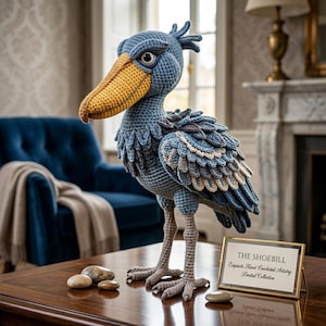 Puede incluir: Escultura de ave picozapato de ganchillo azul y beige hecha a mano. El ave tiene un pico grande y amarillo y plumas detalladas. Un pequeño letrero dice "THE SHOEBILL, Exquisite Hand-Crocheted Artistry, Limited Collection."