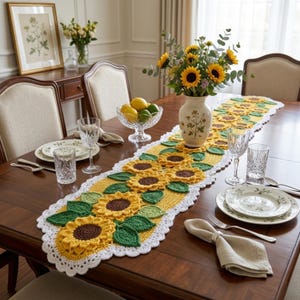 Könnte beinhalten: Handgefertigter gelber Häkeltischläufer mit Sonnenblumenmotiven. Der Läufer zeigt gelbe Sonnenblumen mit braunen Zentren und grünen Blättern, umrandet von einem weißen, gewellten Rand. Der Tisch ist mit Tellern, Gläsern und Besteck gedeckt.