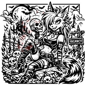 May include: Black and white illustration of a female anthropomorphic fox character holding a skull. The image features a spooky theme with a full moon, bats, a castle, and a "Vacancy" sign.