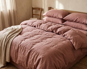 woodrose Linen Duvet Cover Set, Soft Washed Bedding Set, Blush Pink Bedroom Decor, Minimalist Bedding, Farmhouse Linen Comforter Cover