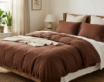 Tobacco Brown Washed Linen Duvet Cover Set, Minimalist Button Closure Bedding