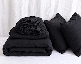 Zwart linnen lakenset, hoeslaken met kussenslopen, natuurlijk linnen beddengoed, zacht boho beddengoed, minimalistische slaapkamerinrichting