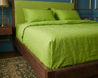 Lime Green Cotton Duvet Cover Set, Soft Breathable Bedding, Washed Cotton Comforter Cover, Modern Green Bed Set