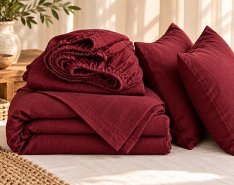 Linen Sheet Set, Soft Boho Bedding, Fitted Sheet and Pillowcases, Natural Linen Bed Sheets, Multiple Colors, Minimalist Bedroom Decor
