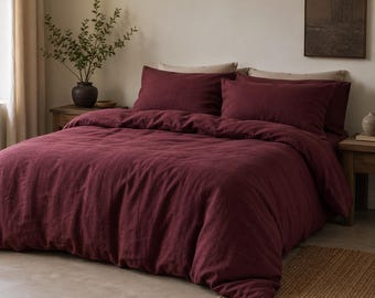 Juego de funda nórdica de lino lavado color burdeos / Ropa de cama suave y transpirable / Decoración minimalista Queen King