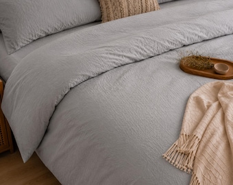 Set copripiumino in cotone grigio chiaro, biancheria da letto in morbido cotone lavato, copripiumino boho, arredamento minimalista per la camera da letto, federe