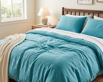 Turquoise Blue Cotton Duvet Cover Set, Soft Washed Cotton Bedding, Minimalist Bedroom Decor, Hotel Style Comforter Cover Set
