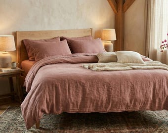 Ensemble housse de couette en lin | Terre cuite rouille, literie lavée douce, maison minimaliste aux tons ocre