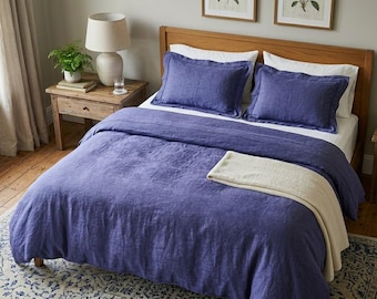 Purple Washed Linen Duvet Cover Set, Soft Natural Flax Bedding, Minimalist Bedroom Decor