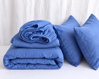 Parure de lit en lin bleuet, linge de lit bleu doux, drap-housse et taies d'oreiller assortis, draps en lin naturel, décoration bohème douce pour la chambre