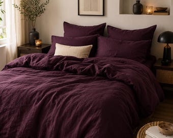 Set copripiumino in morbido lino lavato color prugna scuro, arredamento rustico per camera da letto color prugna