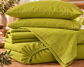 Chartreuse Green Linen Sheet Set, Olive Green Bedding, Natural Linen Bed Sheets, Soft Boho Bedding, Fitted Sheet and Pillowcases