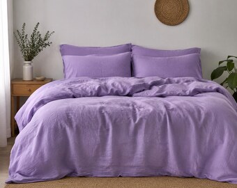 Set copripiumino in lino lavato color viola – Biancheria da letto morbida e traspirante con federe.