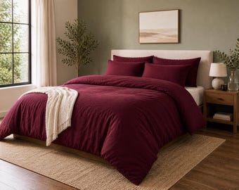 Burgundy Cotton Duvet Cover Set, Soft Breathable Bedding, Minimalist Hotel Style Home
