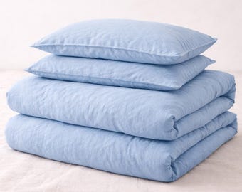 Sky Blue Linen Duvet Cover Set, Soft Cotton Bedding Set, Minimalist Bed Linen, Breathable Comforter Cover with Pillowcases