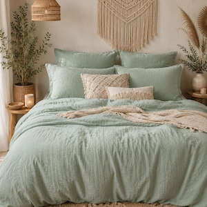 Set copripiumino in lino verde menta / Set biancheria da letto in lino lavato morbido / Copripiumino stile boho rustico con federe / Matrimoniale King Twin