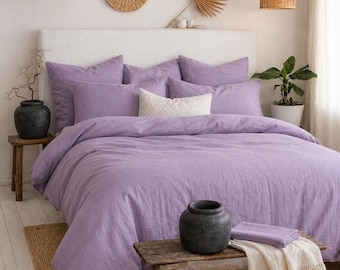 Juego de funda nórdica de lino lavado / Ropa de cama suave color lila, decoración minimalista para el dormitorio