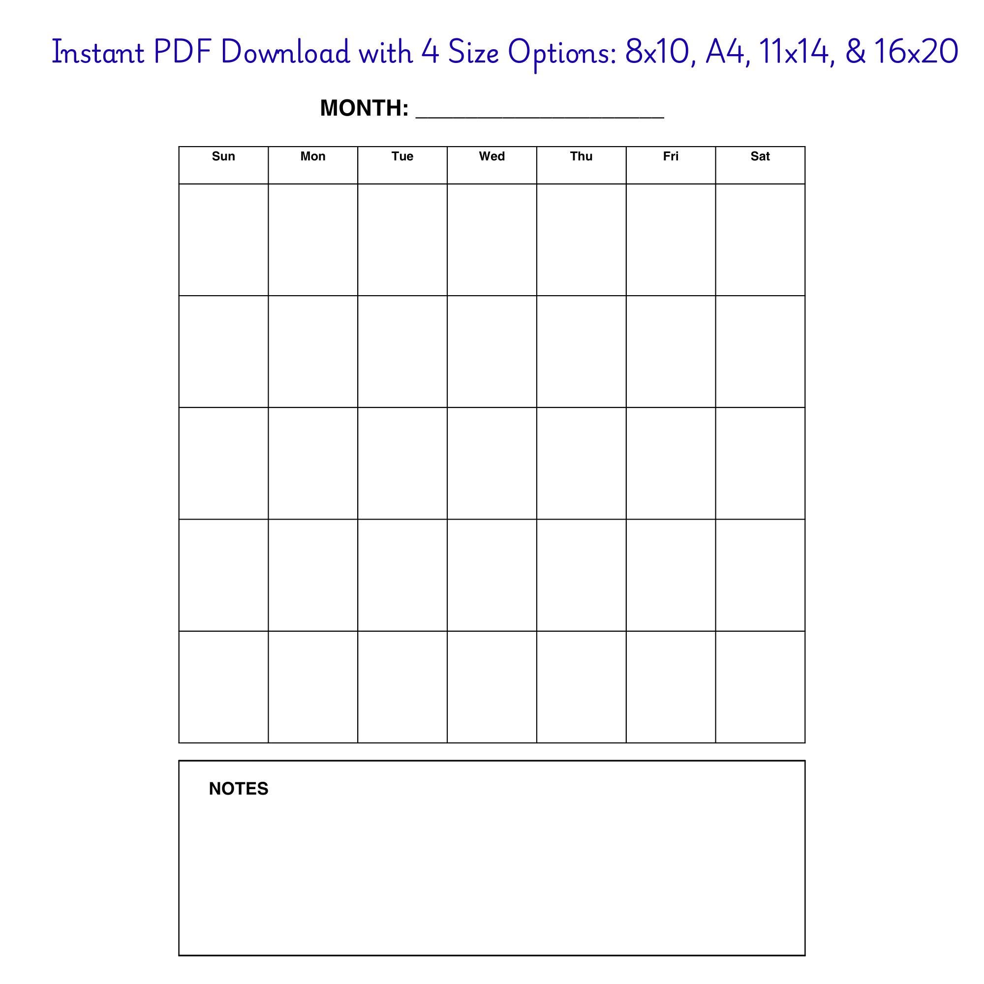 Undated Monthly Calendar With Notes - Minimalist Printable Planner PDF ...